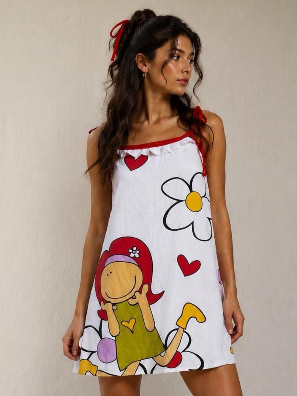 Vintage Y2K Groovy Girl Tie Strap Mini Dress Womens Small Whimsical Daisy Print